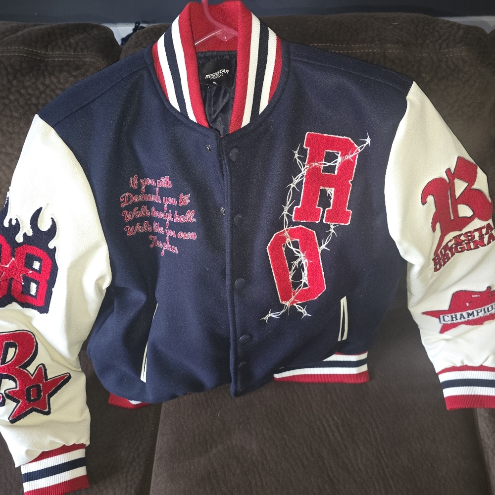 Mens new w tags Rockstar Navy Red & White Red Letterman Jacket